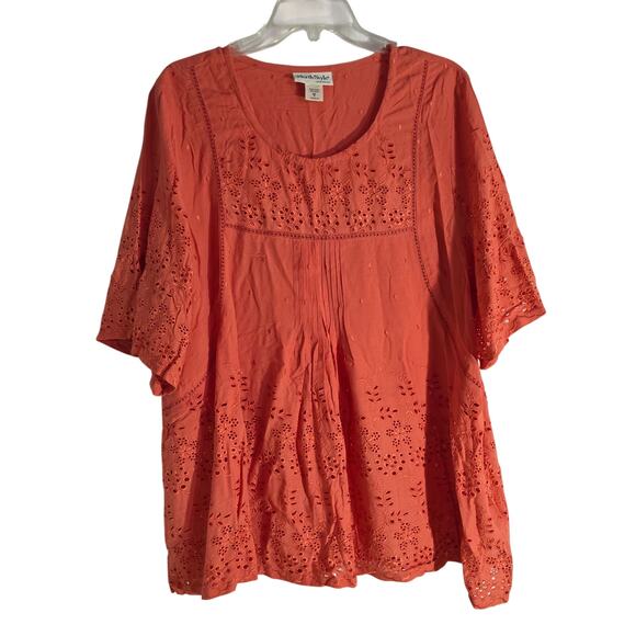North Style plus size 1x orange short bell sleeve boho eyelet smock tunic top - Picture 1 of 13